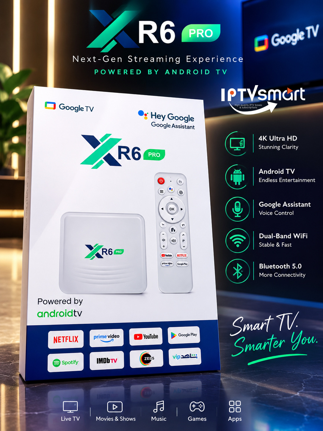 XR6 Pro 4K Ultra HD Android TV Streaming Box XR6 Pro 4K Ultra HD Android TV Streaming Box