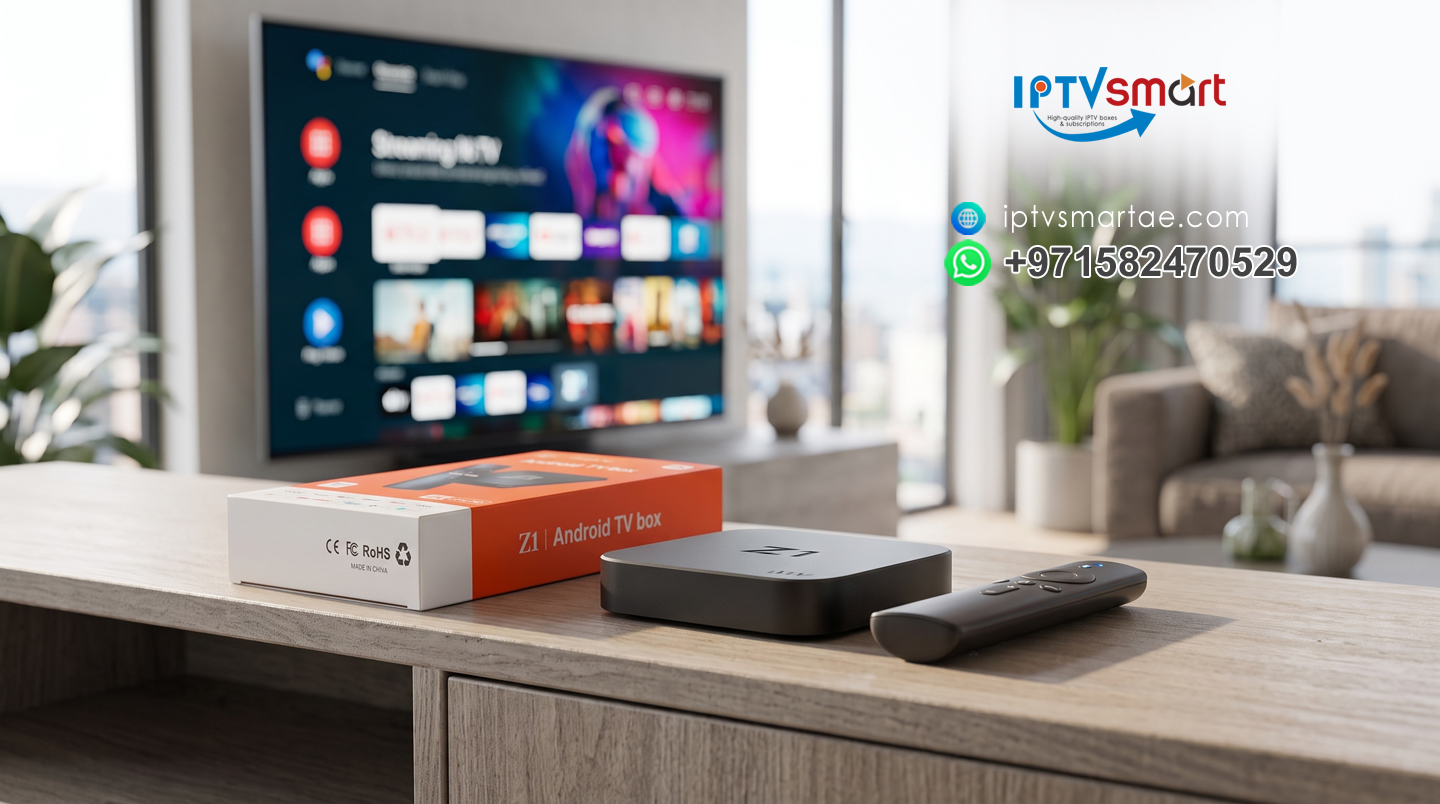 Z1 ATV TV Box Android 10.0 4K with Remote and Packaging on a Media Console
