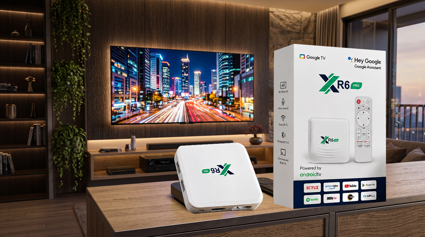 XR6 Pro 4K Ultra HD Android TV Streaming Box resting on a media console in a modern living room